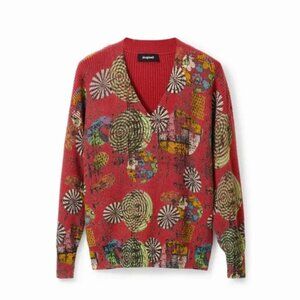 Desigual Red V-Neck Graphic Print Sweater | Size S | NWT